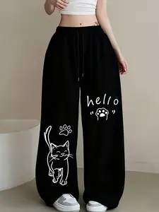 Women's "Hello" Cat Wide Leg Sweatpants | Cute Cat Paw Print Drawstring Oversized Casual Pants