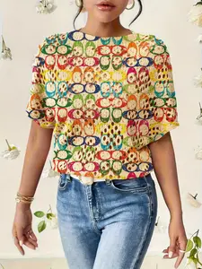 Women's Geometric Colorblock Print Round Neck Sweater, Casual Batwing Sleeve Knitwear for Fall Winter, Comfortable Warm Daily Wear