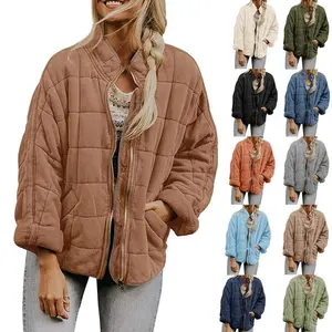 SolidColorStandCollarCottonJacketNewLoosePocketLongSleeveCoatforWomenTopsPinkWomenswearOuterwear