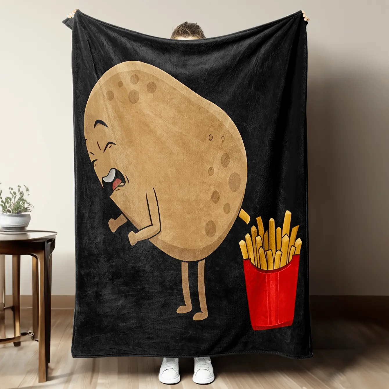 Cozy Cartoon French Fries Design Flannel Blanket – Soft, Warm, and Tear-Resistant Throw for Sofa, Bed, or Office – Fun Potato Lover Gift with Smiling Potato and Fries Illustration – All-Season Comfort in Mixed Colors