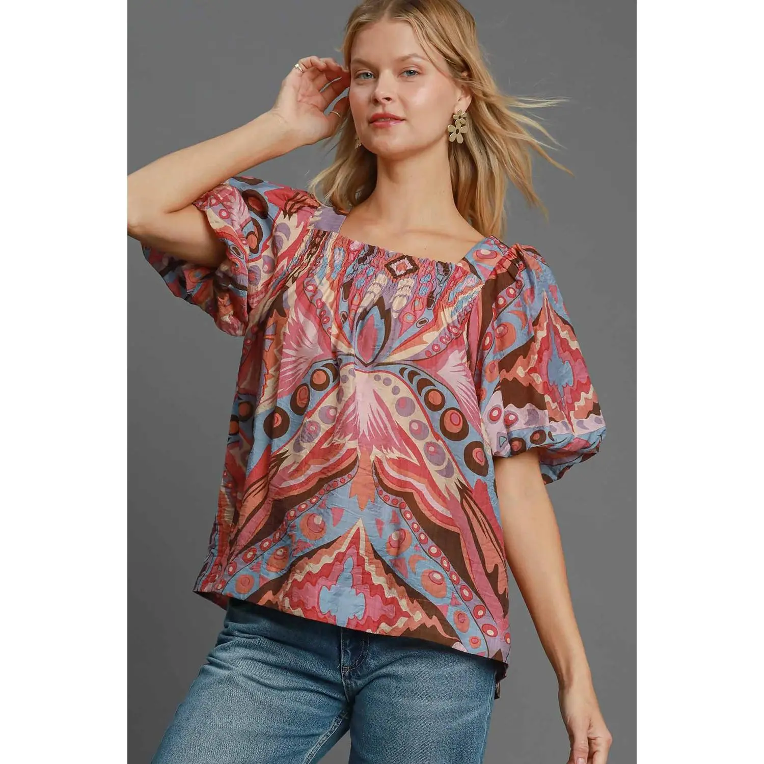 Umgee Full Size Abstract Print Smocked Square Neck Puff Sleeve Blouse