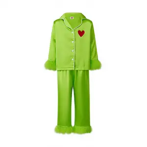 Mommy and Me Christmas Pajamas Matching Sets Green Feather Long Sleeve Lapel V Neck Button Tops+Elastic Waist Pants Loungewear