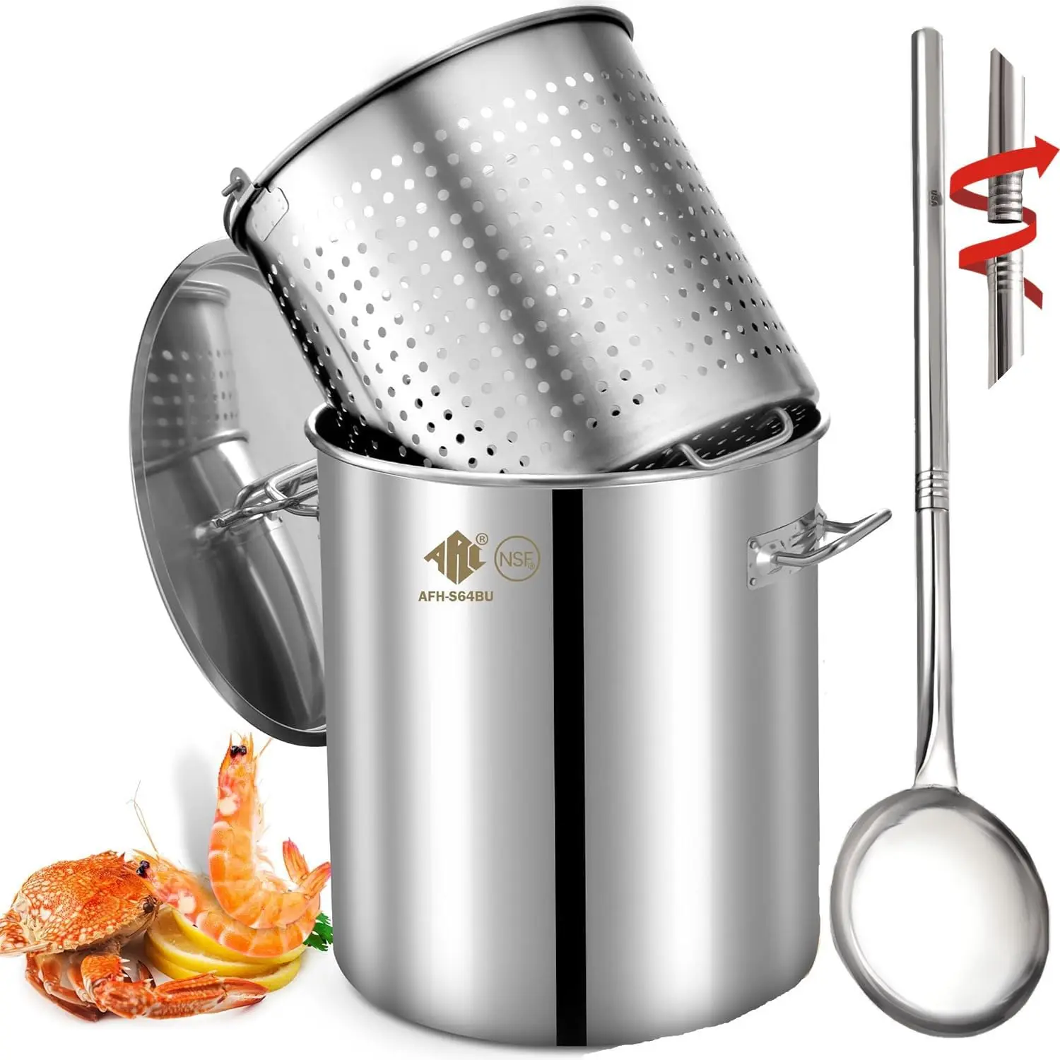 ARC 100-Quart Stainless Steel Seafood Boil Pot with Basket and 36/ 48 inch Large Spoon,Crawfish, Crab, Lobster, Shrimp Boil Stockpot with Strainer,Turkey Fryer Pot,25 Gallon (48'' Spoon, 100 QT)