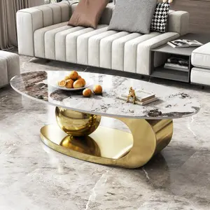 Bellemave Modern Oval Curve Coffee Table - Sintered Stone Top, Stainless Steel Base, MDF Cabinet, 110mm Faux Marble Accents, Storage Shelf, Drawer for Contemporary Indoor Living Spaces