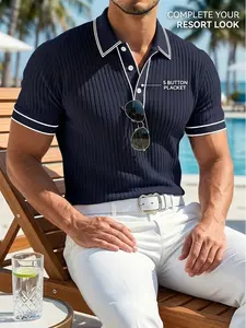 Men's Vintage Aesthetic Knit Polo Shirt - Short Sleeve, Ribbed Texture, Lightweight, Breathable, Contrast Trim, Muscle Fit - Sports, Outdoor Vibe Tops with Embroidery for Casual Summer Wear