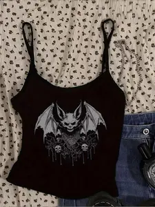 Women's Slim Fit Sexy Batwing Print Tank Top, Round Neck Casual Fashion Shirt, Trendy Graphic Sleeveless Blouse for All Seasons
