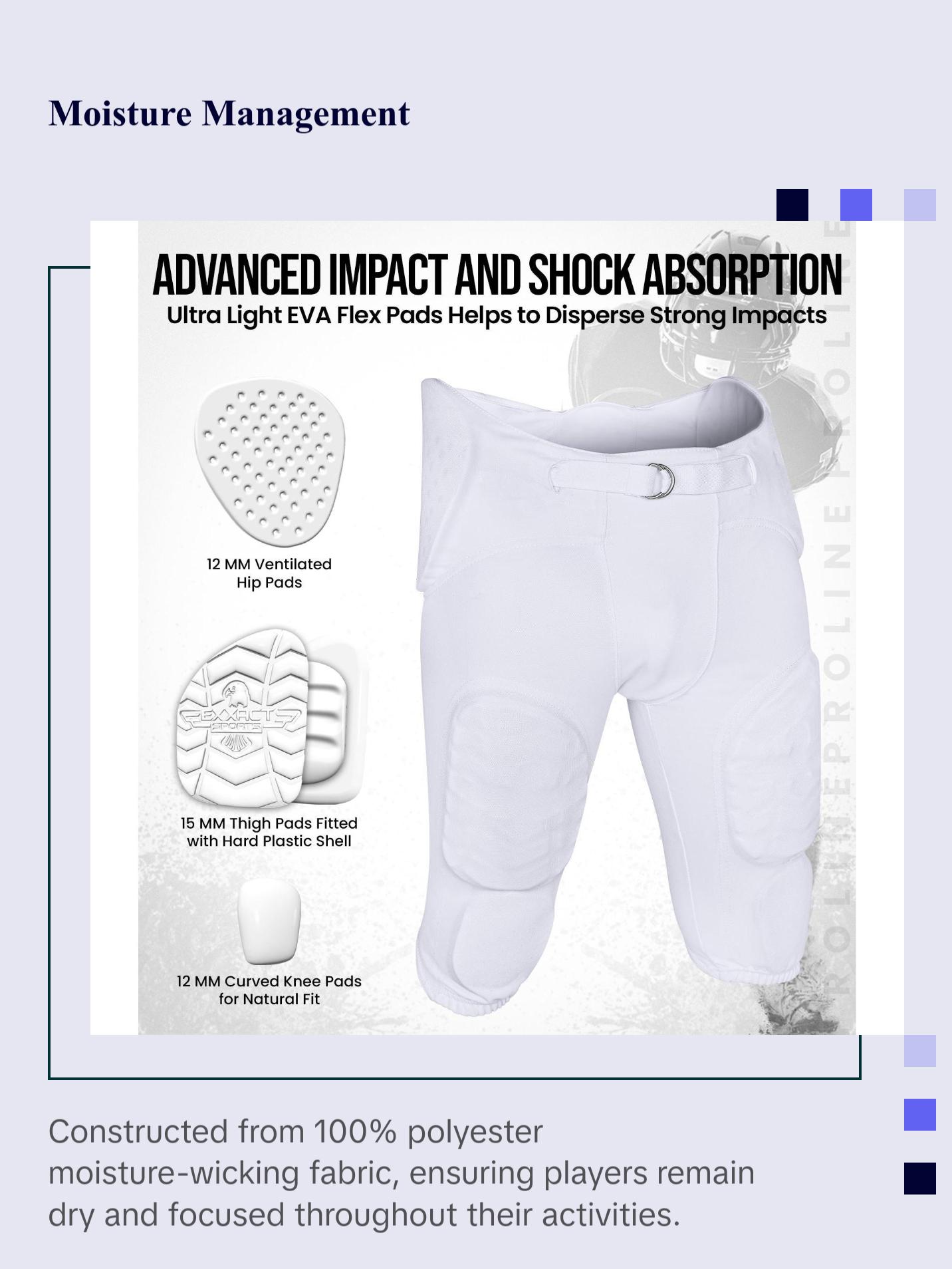 Exxact Sports Proline Youth Integrated Football Pants with 7 Flex Pads Lightweight Practice Trousers for Protection White Athletic Bottoms Active Top