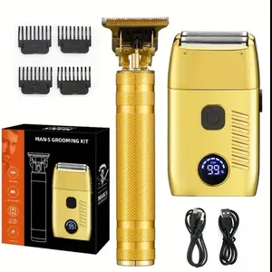 Luxurious Men's Golden Electric Razor & Beard Trimmer Kit - USB Rechargeable, Stainless Steel Blades, 600mAh Lithium Battery, Digital Display, Includes Foil Shaver & Barber Clipper, Ideal Holiday Gift for Him, Beard Grooming Kit trending viral