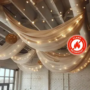 Natural Chiffon Ceiling Drapery, Durable Flame Resistant Long Curtain Backdrop Panel With Rod Pocket 5ftx32ft