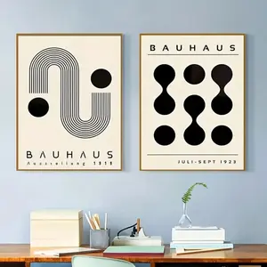 2pcs Bohemian Bauhaus Geometric Art Posters with Wooden Frame, Nordic Minimalist Vintage Canvas Wall Decor Modern Home Decor for Living Room
