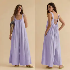 Chicovar Women's Boho Flowy Wide Leg Jumpsuit, Adjustable Shoulder Straps, Back Tie, Side Pockets, Loose Slimming Sleeveless Overalls for Vacation Travel Resort Beach Daily Wear