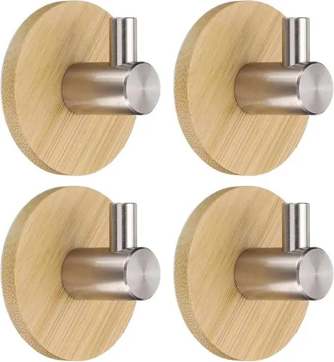 2 Pcs Set Adhesive Mount Bamboo Wood Wall Hooks, Indoor Use for Hanging Towels, Keys, Hats in Bathroom