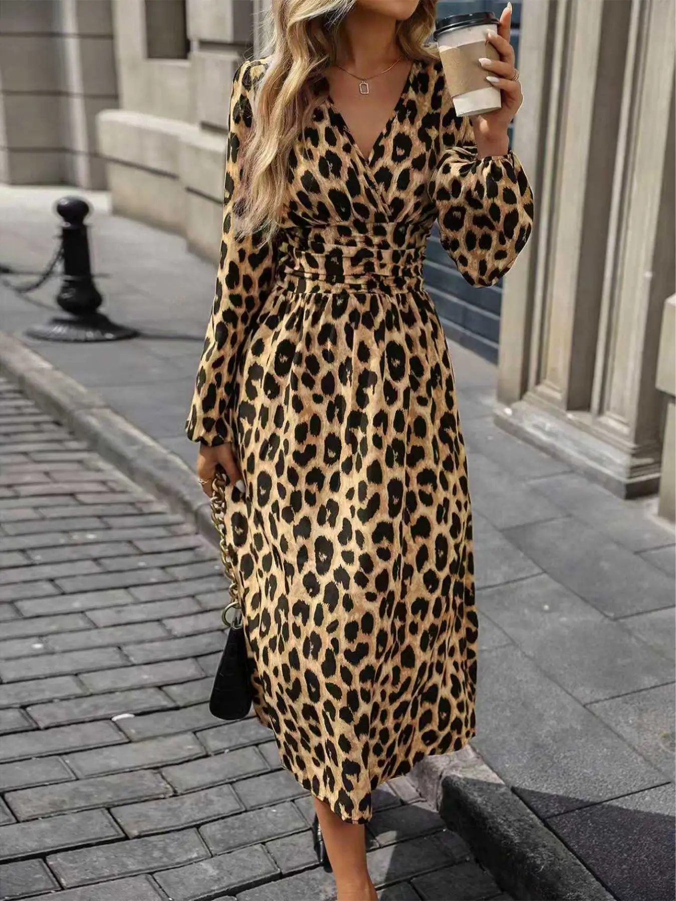 Women's Casual Wear Leopard Print Dress, Spring & Fall Midi Fitted Dress, Waist Cinched Lantern Sleeve Long Dress, Ladies Fashion Chic Elegant, Casual Fashionable Dress, Womenswear