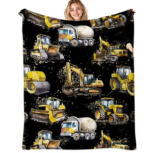 Engineering Car Series Flannel Throw Blanket, Excavator Tractor Pattern, Soft Warm Boy Room Sofa Leisure Blanket, Perfect Gift for Son Grandson
