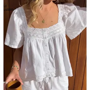 Women's Lace Trim Babydoll Tops Short Sleeve Square Neck Button Up T-shirt