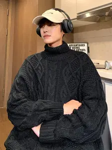 Japanese-style Retro Green Jacquard Turtleneck Sweater - High Neck Long Sleeve Fitted Winter Sweater for Youth
