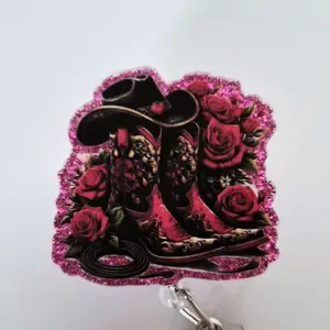 Western Cowgirl Hat and Boots with Roses Glitter Acrylic Retractable Badge ID Reel Belt or Alligator Clip