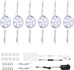 LED Under Cabinet Lighting Kit,6 Pack Linkable Puck Lights with Touch Dimmer,Wired Plug in Under Counter Lighting for Curio Bar, Kitchen, Cupboard,Bookcase,Closet Furniture (6000K Daywhite)