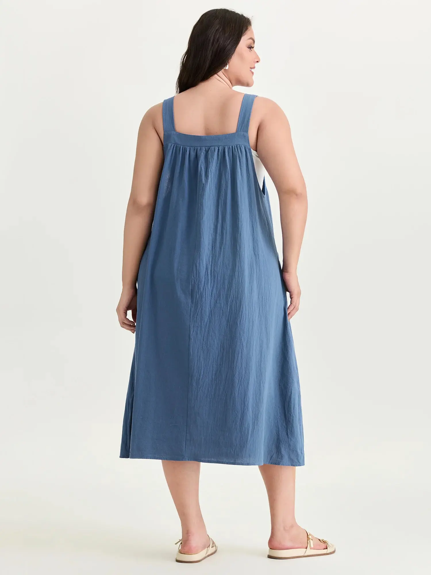 BLOOMCHIC Women's Plus Size Pure Cotton Sleeveless Square Neck Pleated Pocket Pinafore Midi Dress