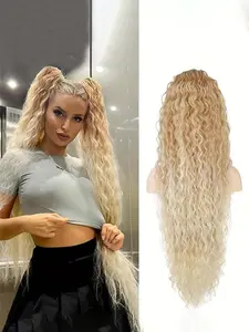 36inch high-temperature resistant synthetic fiber pleated gradient ponytail wig, water ripple thick curly hair, Synthetic wavy hair, adjustable drawstring design, suitable for all races and occasions, multi-functional headwear