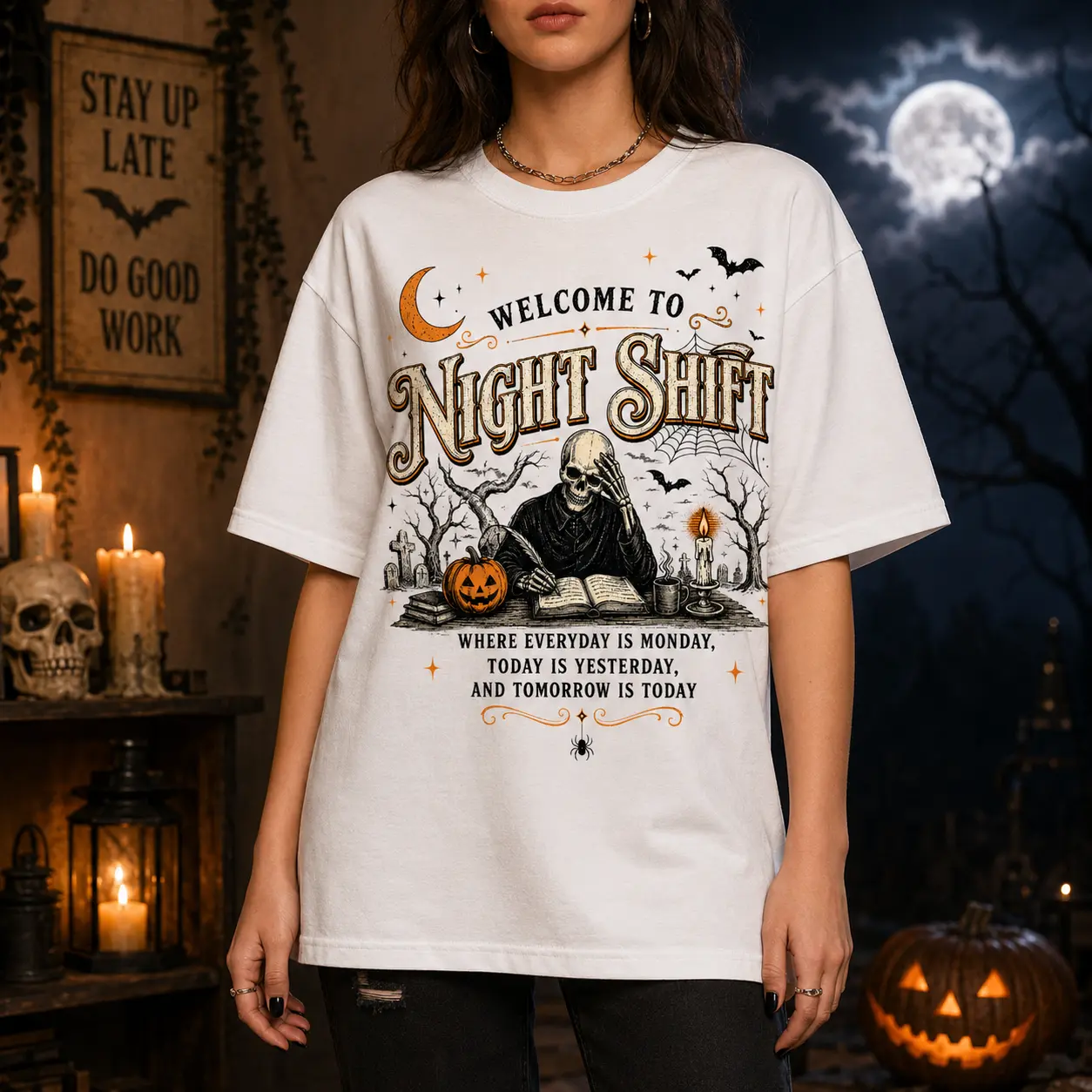 [100% Cotton] Night Shift Book Lover T-Shirt, Spooky Reading Graphic Tee, Skeleton Reader Shirt, Dark Academia Tshirt, Halloween Bookish Short Sleeve Shirt, Trendy Oversized Tee, Unisex Reader Shirt for Men Women