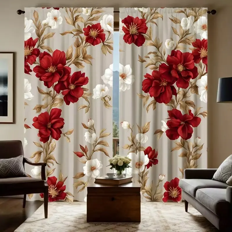 Fashion Floral Print Twill Canvas Curtains Set of 2, Semi-Transparent Polyester Flannel, Rod Pocket, Bedroom Decor, Window Curtain, Curtain Replacement, Home Decorative Curtain