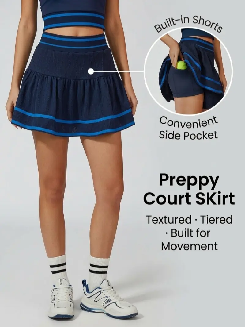 Faevida Female All-Seasons High Waist Contrast Stripe Texture Tennis Skort with Built-in Shorts, Polyester Blend Cute Textured Tiered Ruffle Athletic Skirt for Court Play Athleisure