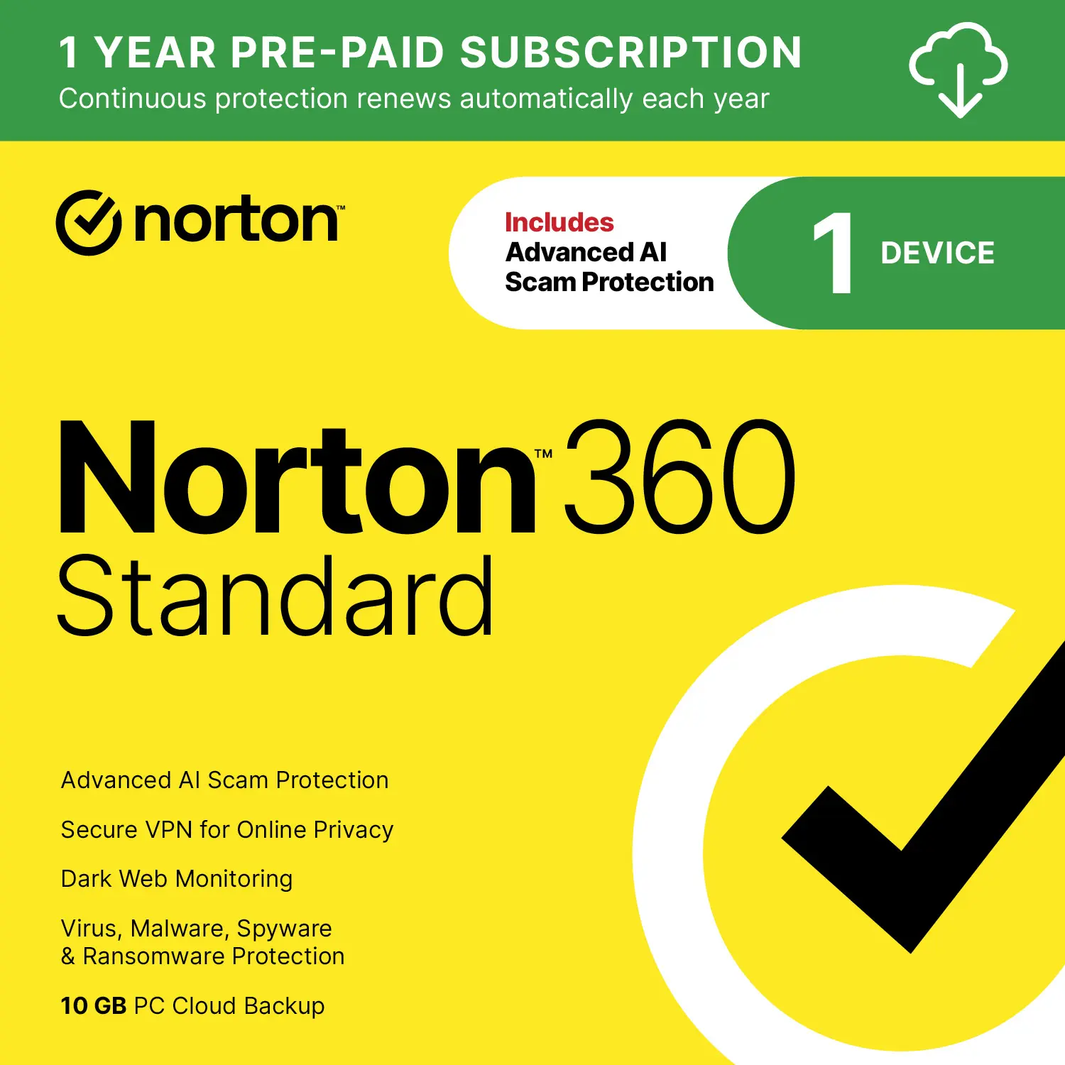 Norton 360 Standard Antivirus Software - 1 Device, Prepaid Term, Auto-Renewal, Cross-OS Multi-Platform, AI Scam Guard, VPN, Dark Web Monitoring, Real-Time Scan [Digital Download]