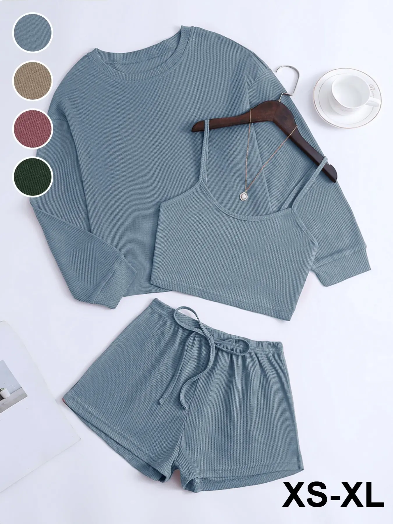 Women's Waffle Knit Cami Set, Womenswear, Long Sleeve Round Neck Top & Drawstring Shorts, Casual Fall Winter Home Wear, Loose Fit