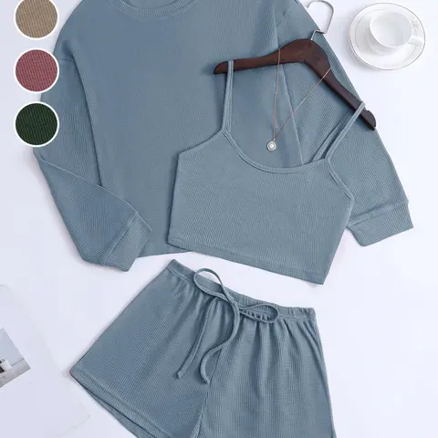 Women's Waffle Knit Cami Set, Womenswear, Long Sleeve Round Neck Top & Drawstring Shorts, Casual Fall Winter Home Wear, Loose Fit, Cami Lounge Set