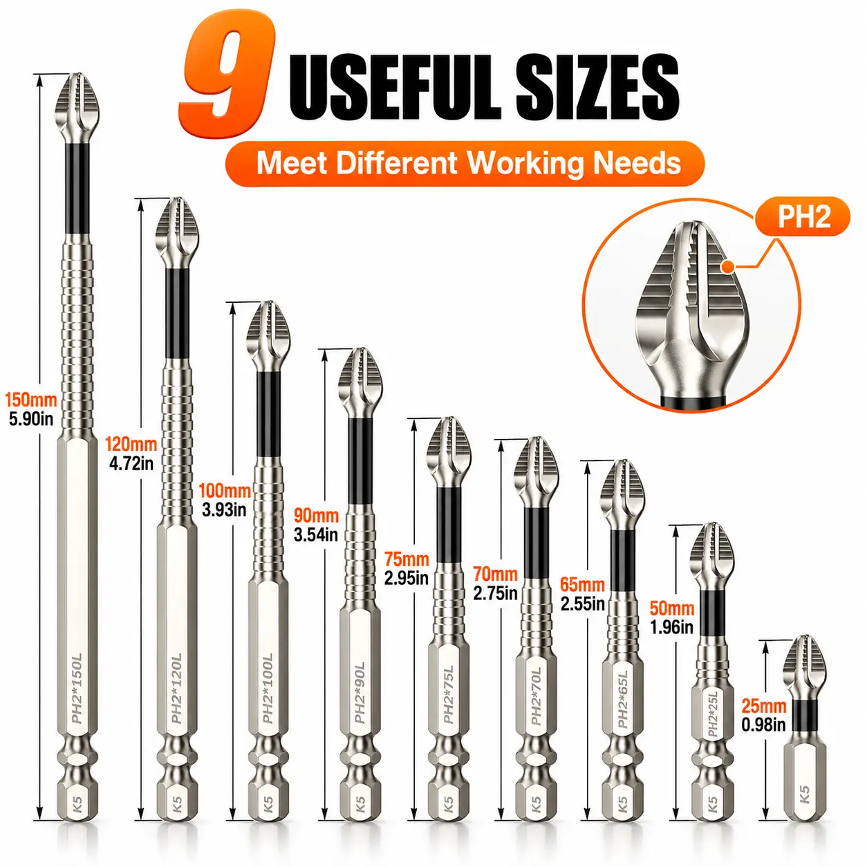 6/9PCS PH2 Screwdriver Bit Set, Magnetic Phillips Driver Bits with 1/4" Hex Shank, S2 Steel Short & Long Bits 25-150mm for Cordless Drill, Cabinet Installation, Furniture Assembly & DIY Repair