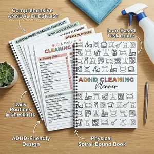 Adhd Cleaning Planner Book, Annual Home Cleaning Checklist, Household Cleaning Task Management Tool, Clean Schedule & List Organizer, Spiral Bound Planner