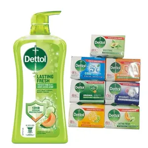 Dettol Limited Edition Antibacterial BodyWash & 3 Soap Bars Holiday Christmas Birthday Gift Set Lasting Fresh Honeydew Melon Cucumber Skin Repair