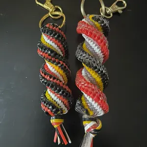 2 for 1! Red, Black, White and Gold Boondoggles Colorful Bag Charms with Plastic Lanyard String Adorable Spiral Stitch Design Nostalgic Collectible