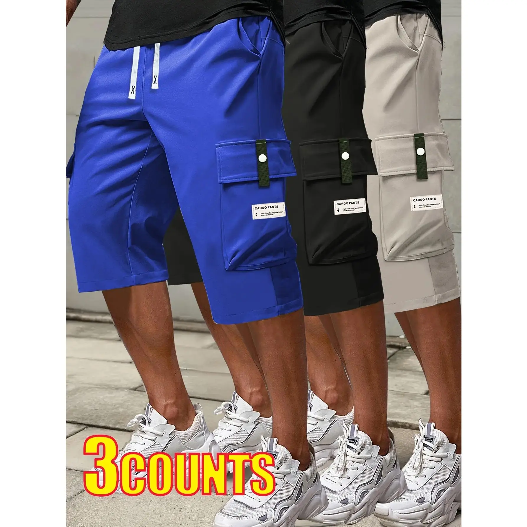 Men's 3-Pack Baggy Cargo Shorts, Solid Color and Non-Stretch for Outdoor Wear, Cut Above the Knee with Multiple Pockets, Size M