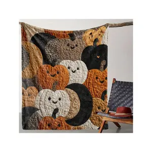 1pc Sdoo Cozy Quilted Flannel Pumpkin Patch Blanket - Soft Warm All-Season Bedspread With Smiling Pumpkin Faces (Brown/Beige/Black/White) For Bed, Sofa, Camping - Rustic Farmhouse Style ' Room Decor & Fall Gift, Plush Quilt-30*40in