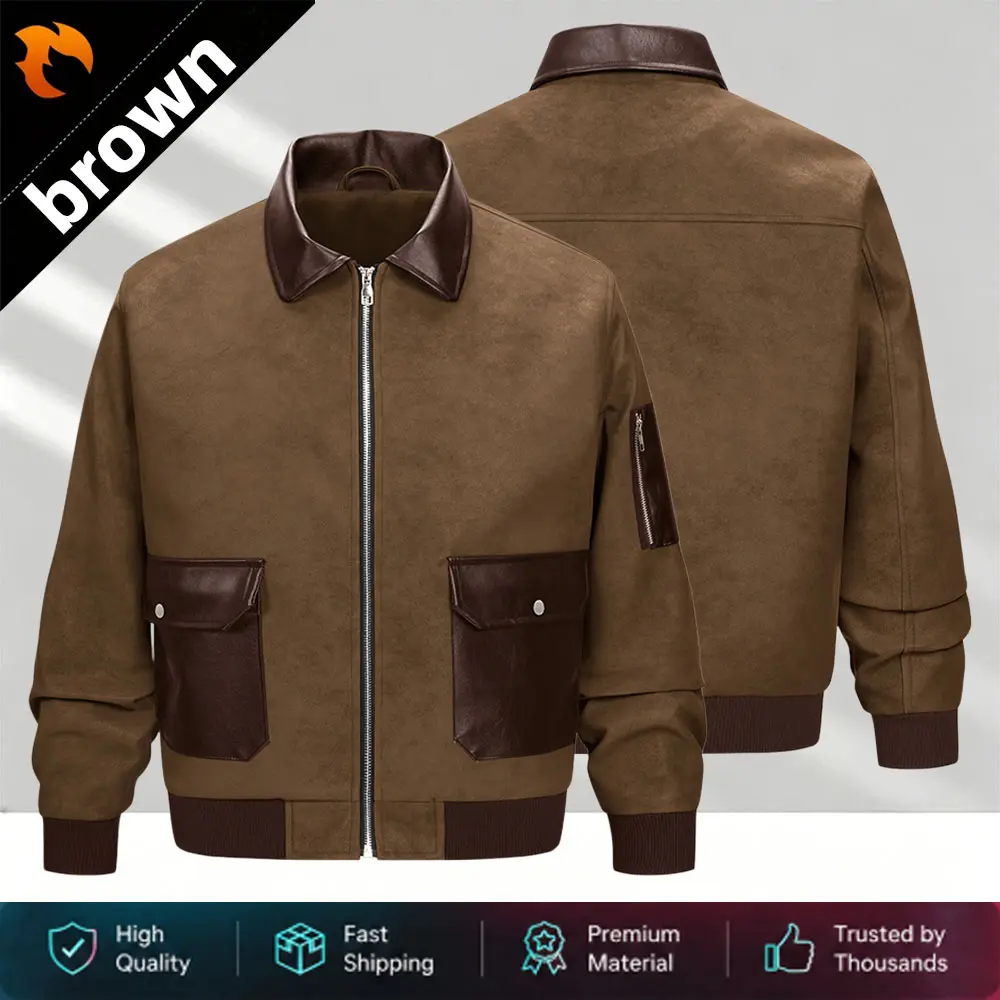 Men’s Fashion Aviator Jacket, Vintage PU Leather Patchwork, Trendy Zipper Workwear Casual Outerwear for Autumn/Winter Men’s Clothing