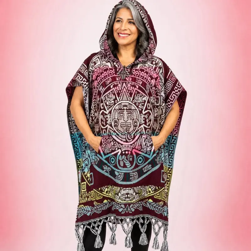 Gaban Bolsa y Gorro - Mexican Poncho Handmade in Mexico, Vibrant Aztec Calendar Design, Womenswear Artisanal Jacket with Bag & Hat, One-of-a-Kind Colorful Style