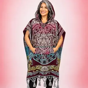 Gaban Bolsa y Gorro - Mexican Poncho Handmade in Mexico, Vibrant Aztec Calendar Design, Womenswear Artisanal Jacket with Bag & Hat, One-of-a-Kind Colorful Style