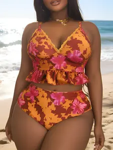 Women's Plus Size New Arrival Floral Ruffle Backless Tank Top Solid Color Split Bikini Set, Perfect for Beach Pool