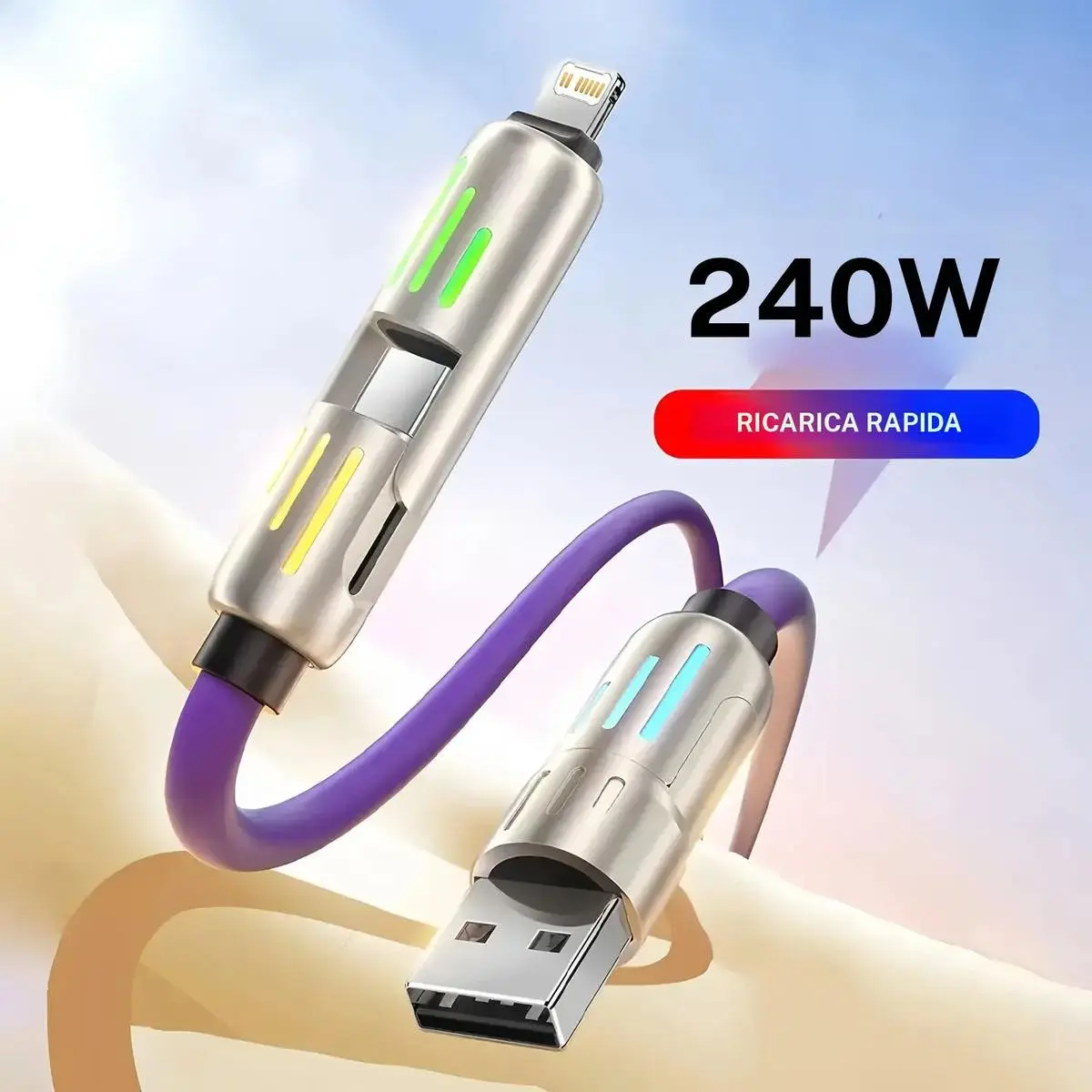 4-In-1 Charging Cable 240w Super Fast Charge, RGB Flowing Light Effect, 1.2m, Four Modes Switch, Type-C/iPhone/android Universal Data Line, USB C Cables, Usb Charger Cable