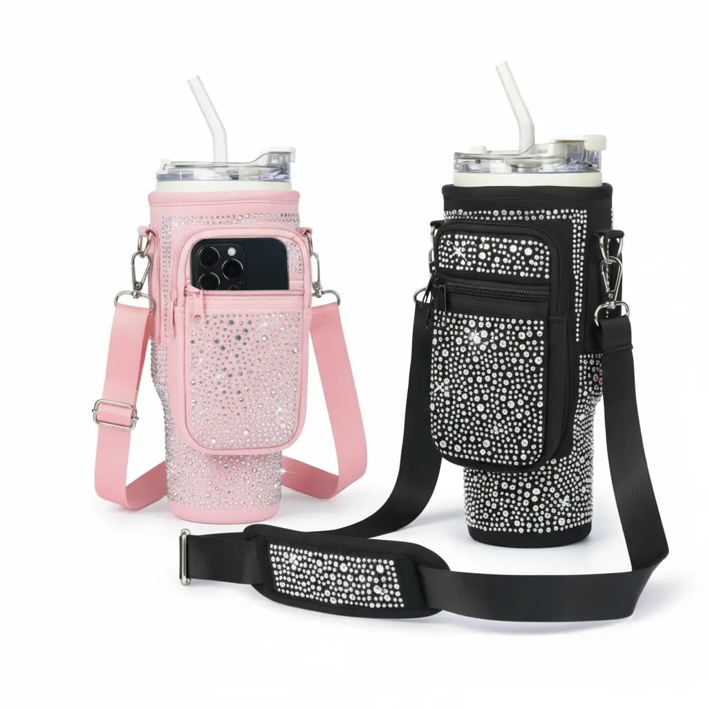40oz Bling Rhinestone Sports Water Bottle with Insulated Beverage Holder, Crossbody Linen Carrier Pouch - Adjustable Strap, Zipper Phone Pocket, Sporty Chic Drinkware for Summer Use