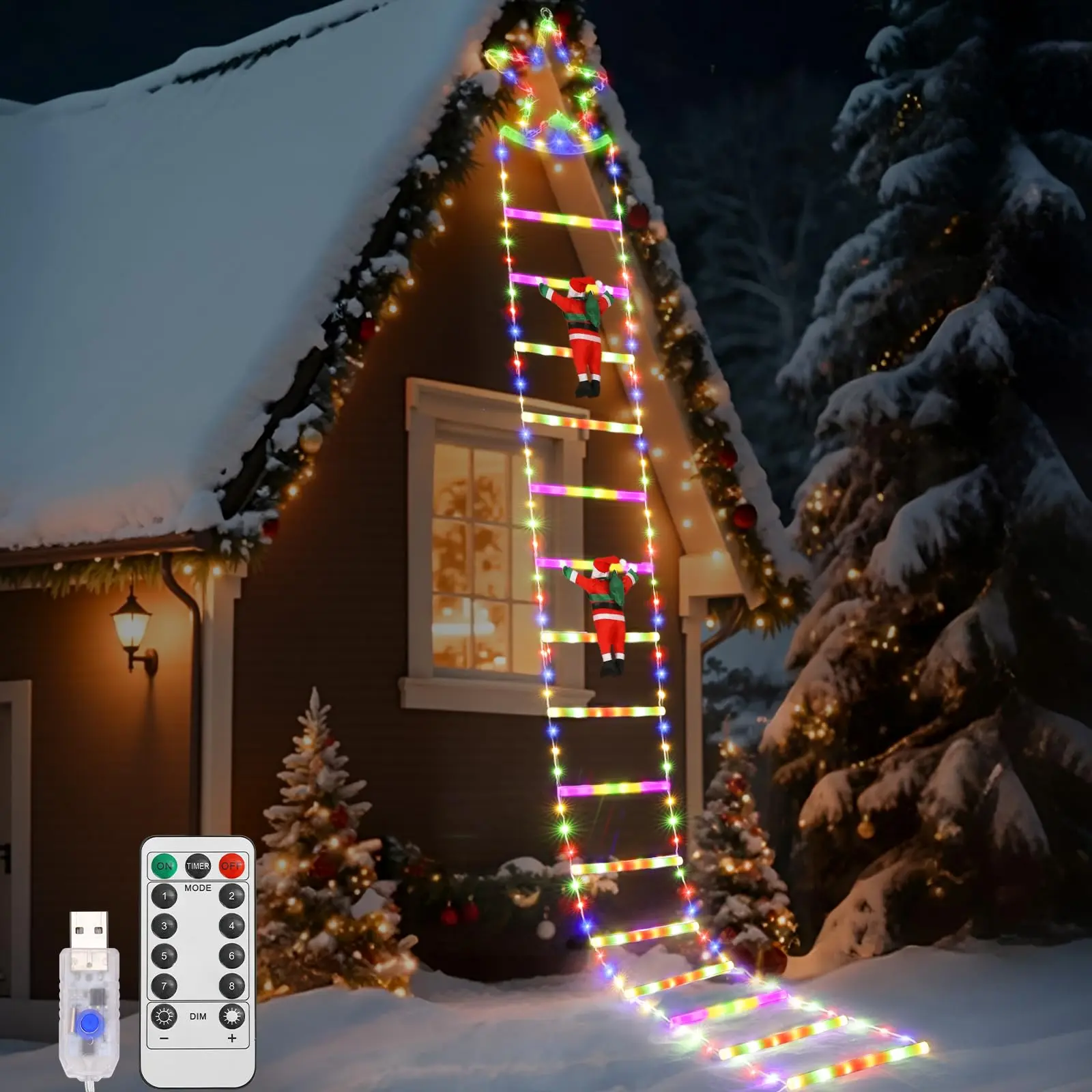 Christmas Lights - 10 Feet (about 3 Meters) Christmas Decoration Ladder Lights with Santa Claus, Star Decorations for Indoor Outdoor Use