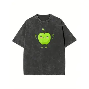 Green Apple Printed T-Shirt, 230G Washed, High-Quality Wax Printed Cotton Retro FashionT-Shirt, Suitable for Summer T-Shirts with a Certain Thickness