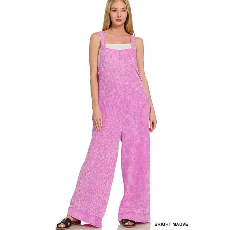 Zenana Double Gauze Washed Wide Leg Overalls