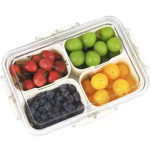 Snack Box Container, 4 Compartments Divided Serving Tray with Lid, Snackle Box Container, Snack Organizer for Fruit, Veggie, Perfect for Party Storage Plastic