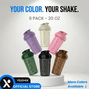 Velomix Protein Shaker Cup Set - 6 Pack 20 oz Leak Proof Shaker Bottles in Black with Wire Whisk for Pre and Post Workout BPA Free Dishwasher Safe