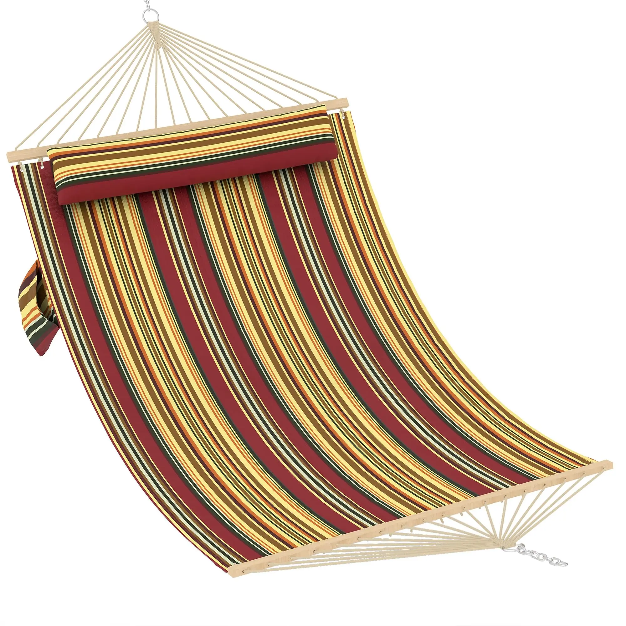 Sturdy 2-Person Oversized Quilted Fabric Outdoor Hammock - Premium Double Hammock with Hardwood Bars, Soft Matching Pillow, 450 lbs Weight Cap., 450lbs Capacity for Patio, Poolside Relaxation