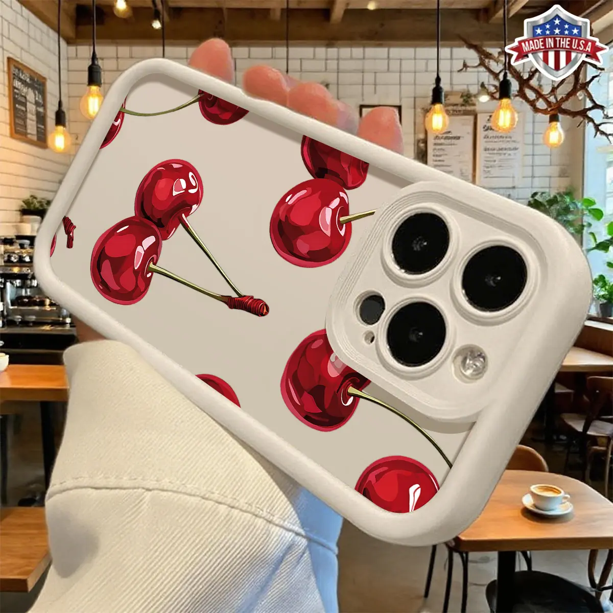 Glam Red Cherry Pattern Silicone Phone Case for iPhone 17,16,15,14 Pro Max,13,12,11,XR,XS Plus,Air - Slim,Shockproof,Slip-Resistant,Anti-Drop TPU Cover Gift for Girls & Friends
