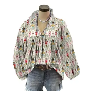 Women's Retro Christmas Nutcracker Printed V-neck Lantern Sleeve Shirt - White, Red, Green, and Black A-Line Cut Polyester Holiday Top, Perfect for Autumn/Winter Casual Christmas Shirt FabricRAIMENTRY